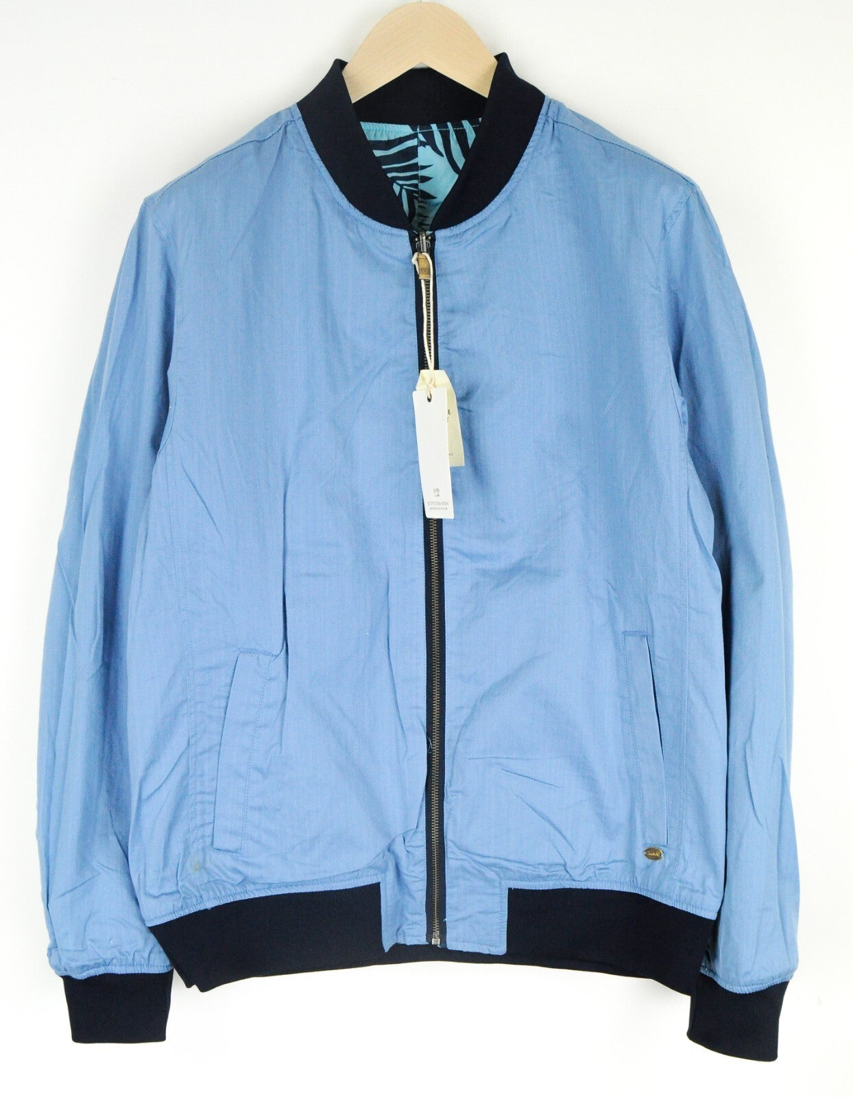 SCOTCH & SODA Men Jacket XL Linen Cotton Bomber Palm Print Light Blue