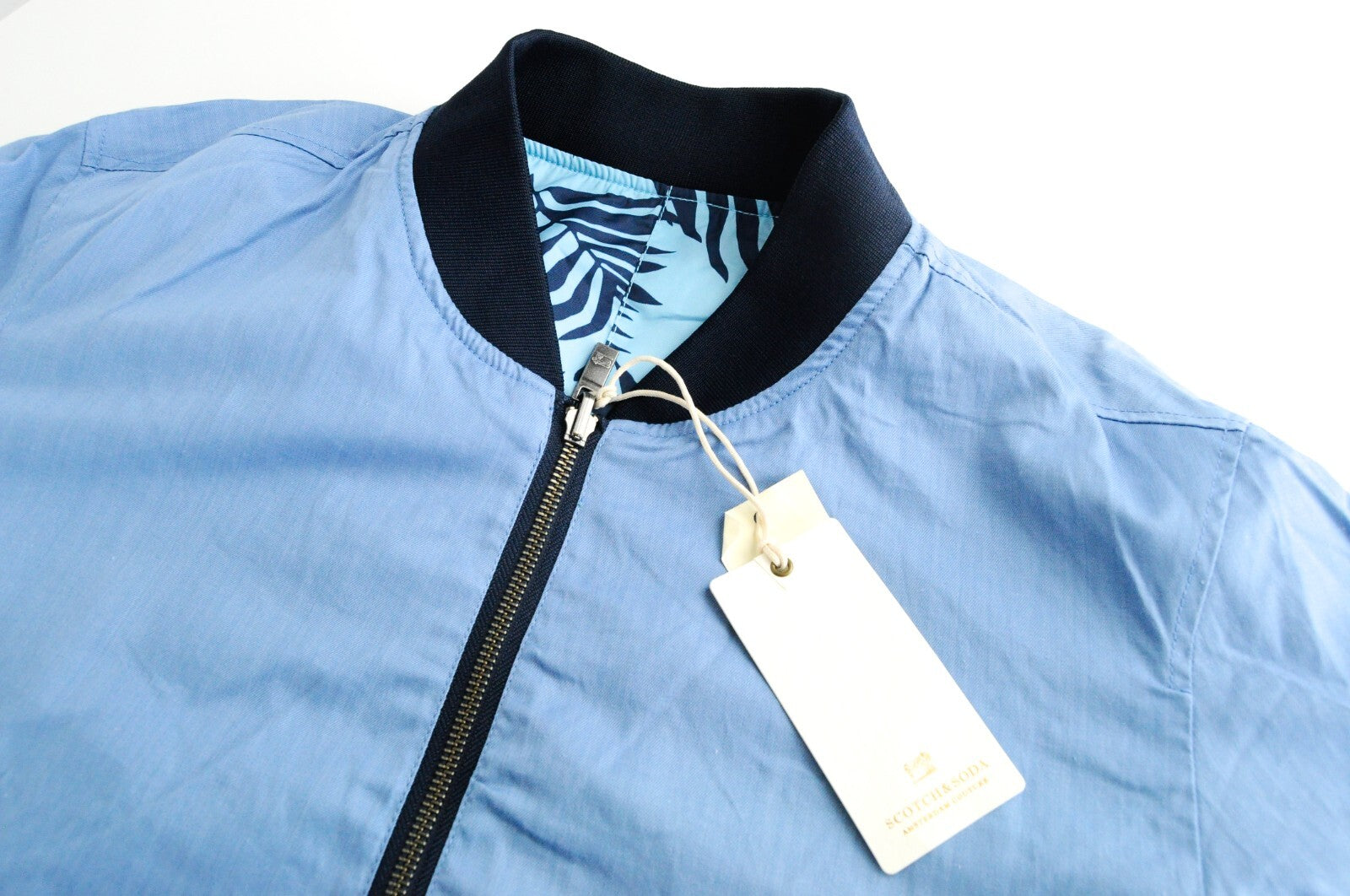 SCOTCH & SODA Men Jacket XL Linen Cotton Bomber Palm Print Light Blue