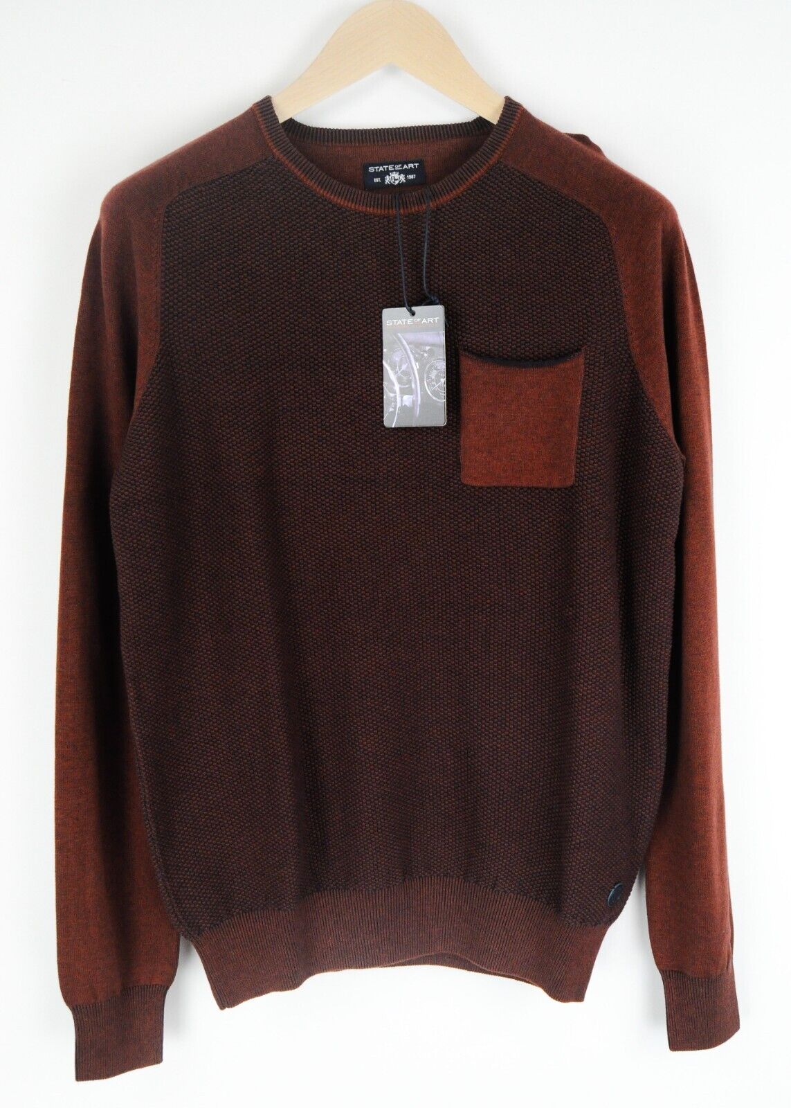 STATE OF ART Men Jumper S Burnt Orange Patched Pocket Tight-Knit Sweater