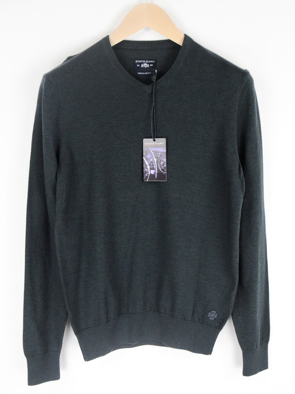 STATE OF ART Men Jumper S Regular Fit Grey Tight-Knit V-Neck Cotton Sweater