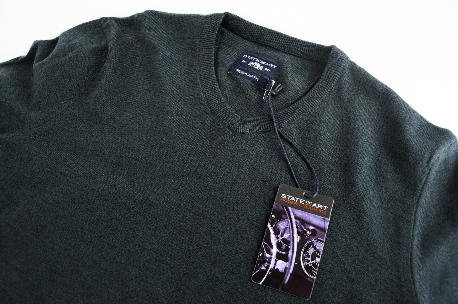 STATE OF ART Men Jumper S Regular Fit Grey Tight-Knit V-Neck Cotton Sweater