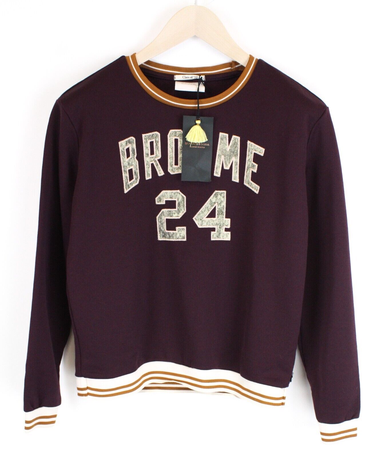 MAISON SCOTCH Women Sweatshirt L Purple Long Sleeve Logo Round Neck Pullover