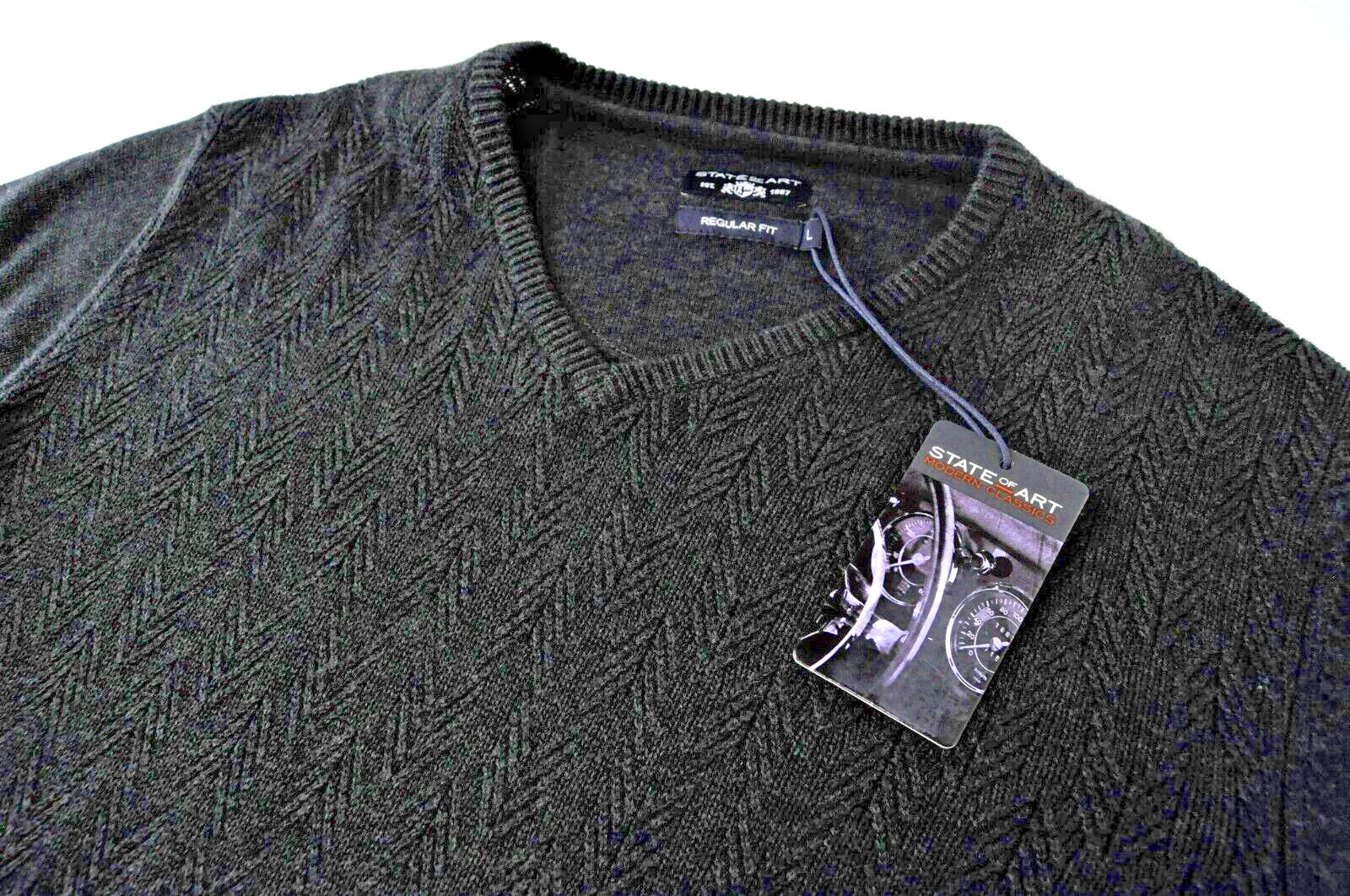 STATE OF ART Men Sweatshirt L Grey Knit Long Sleeve V-Neck Pullover