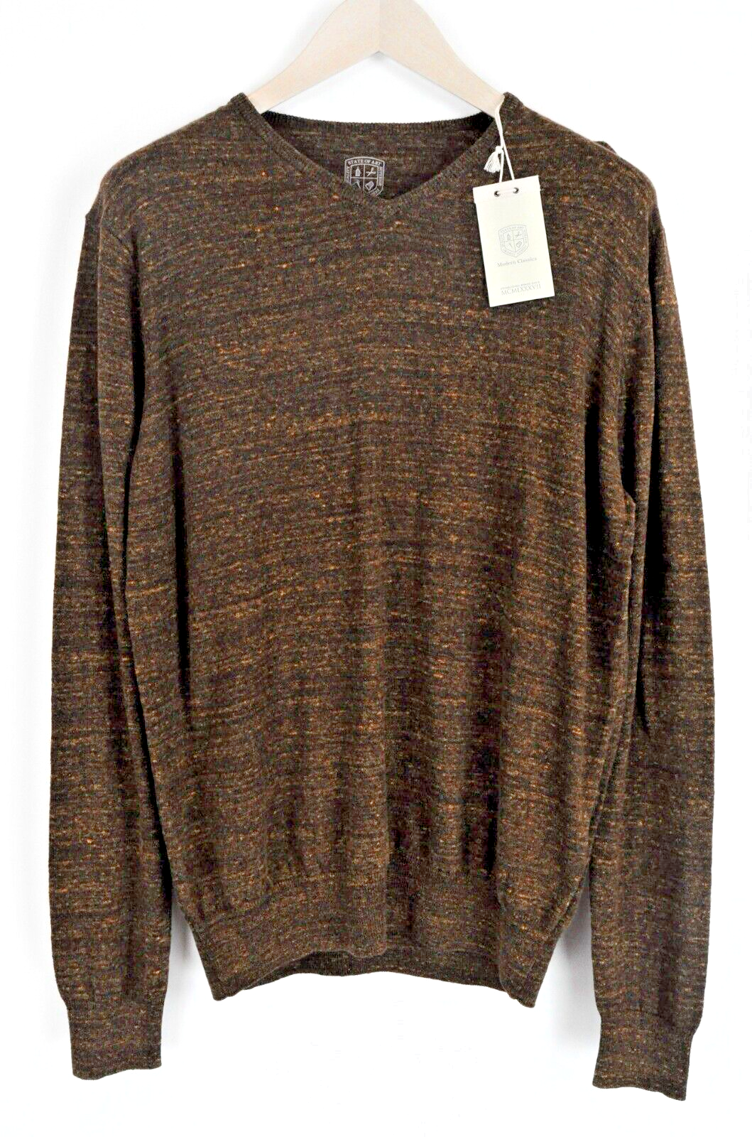 STATE OF ART Men Sweatshirt L Brown Cotton Linen Long Sleeve V-Neck Pullover