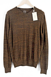 STATE OF ART Men Sweatshirt L Brown Cotton Linen Long Sleeve V-Neck Pullover