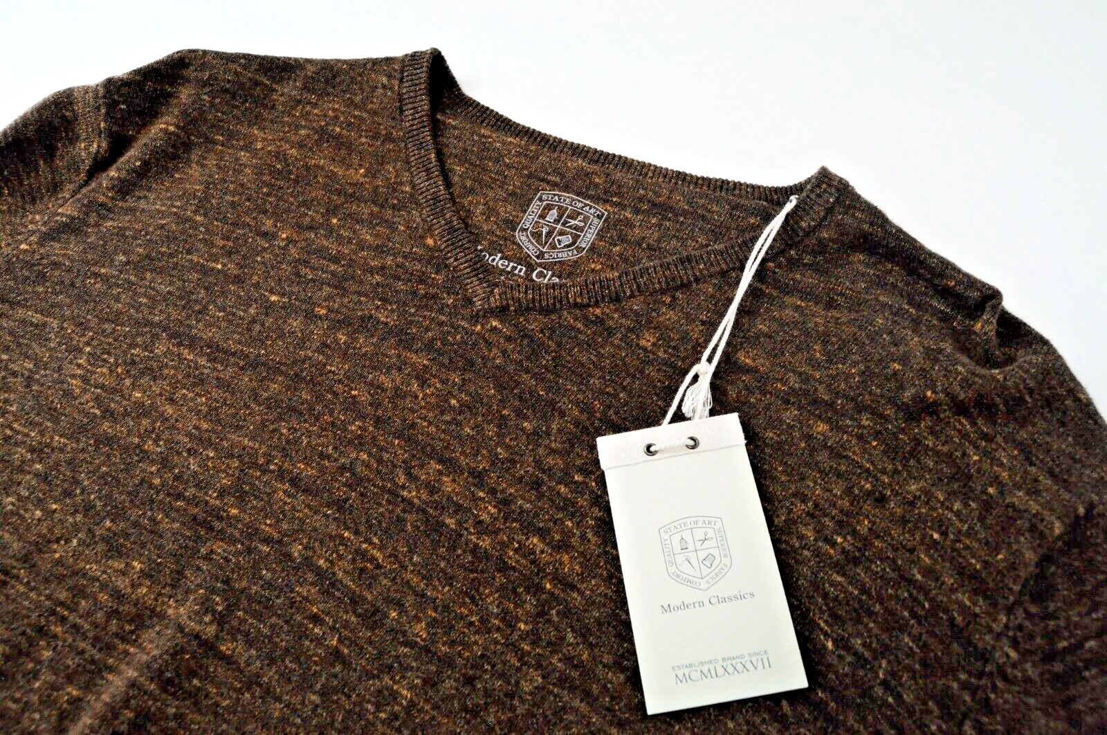 STATE OF ART Men Sweatshirt L Brown Cotton Linen Long Sleeve V-Neck Pullover