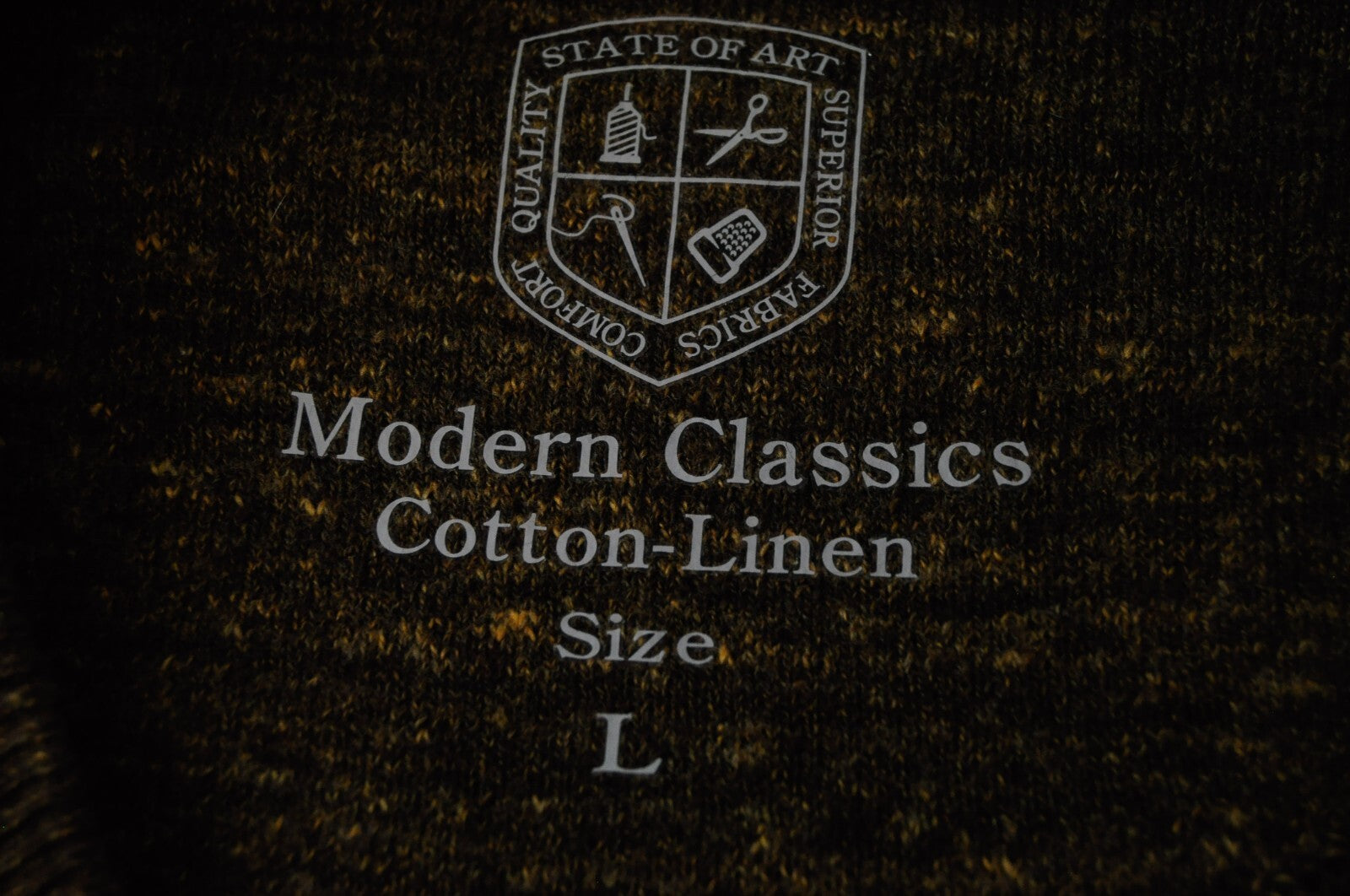 STATE OF ART Men Sweatshirt L Brown Cotton Linen Long Sleeve V-Neck Pullover