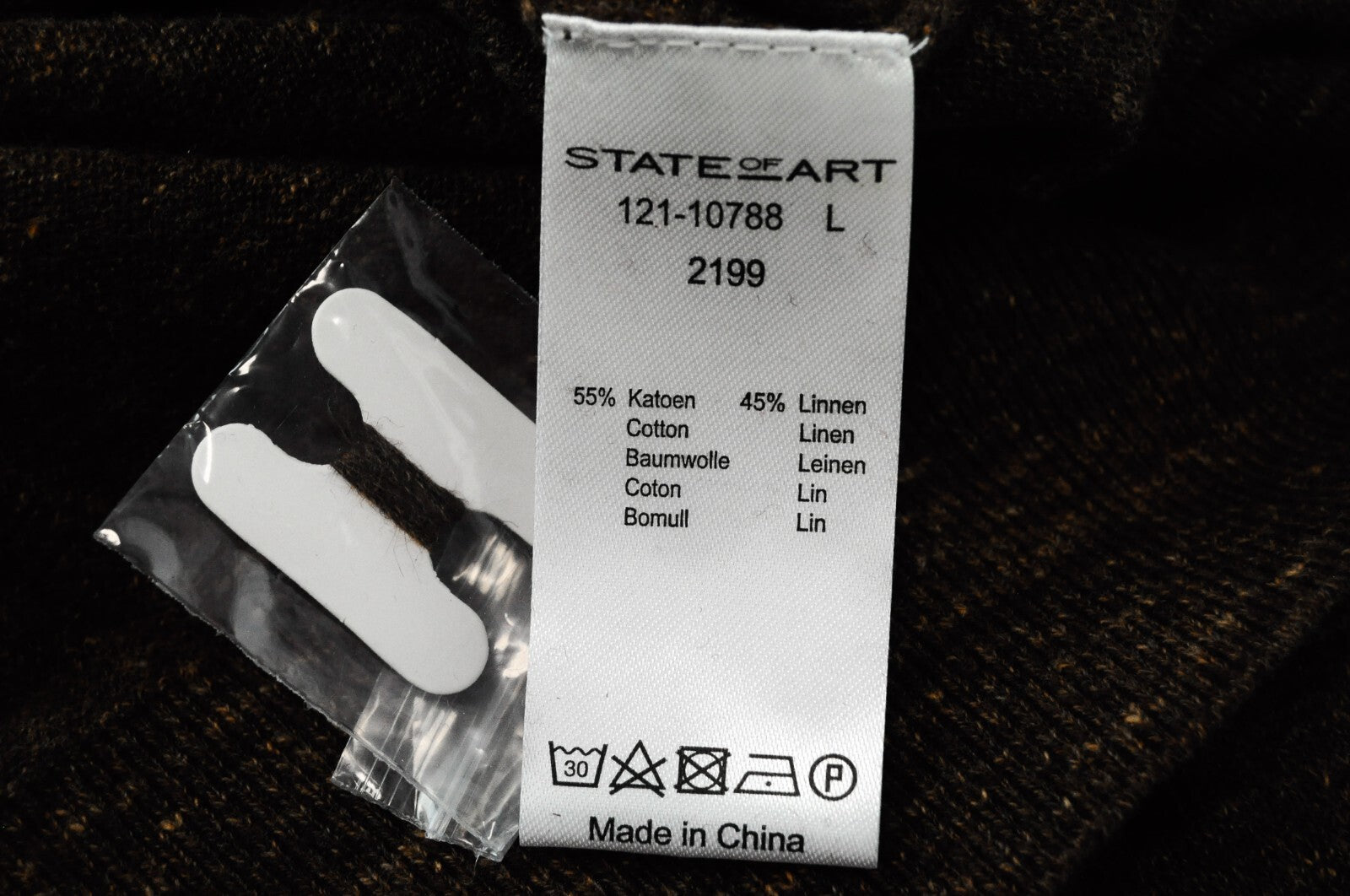 STATE OF ART Men Sweatshirt L Brown Cotton Linen Long Sleeve V-Neck Pullover