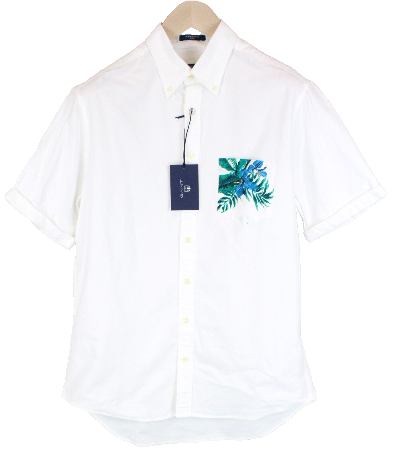 GANT Beach Oxford Men M White Collared Shirt Fitted Pure Cotton Short Sleeve