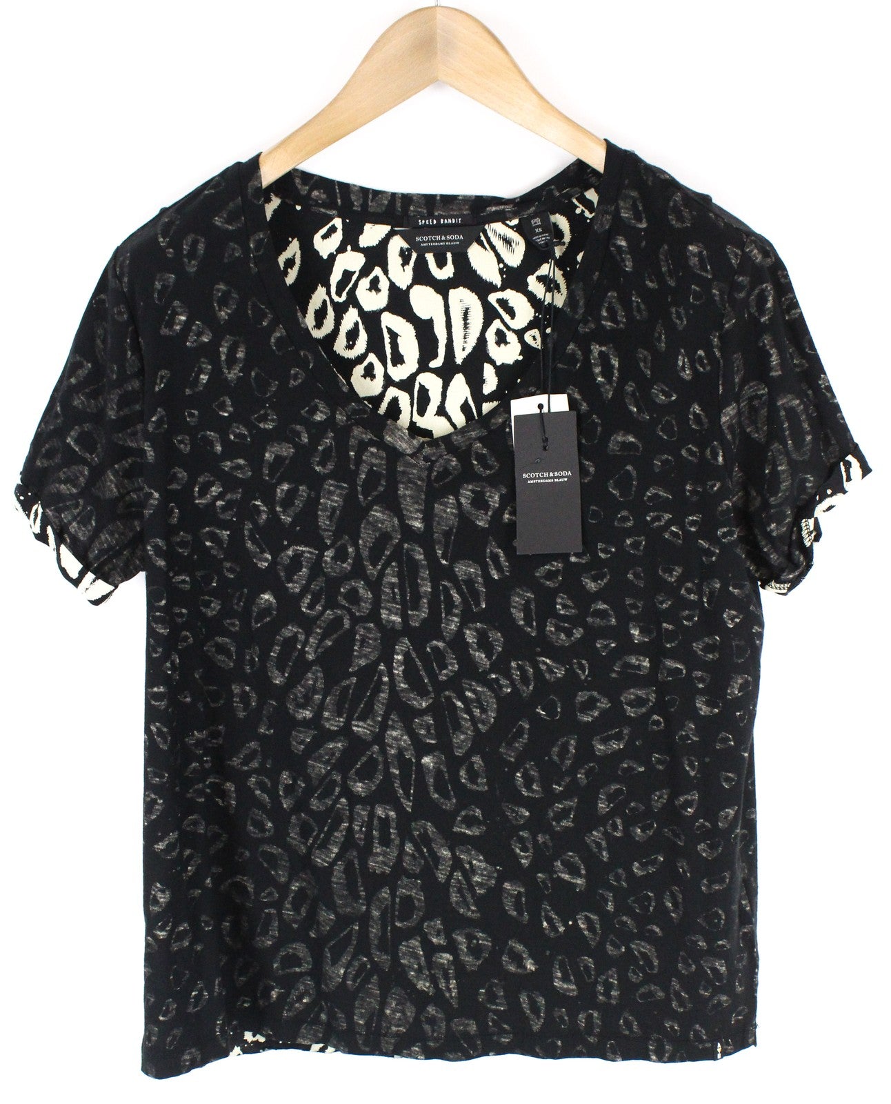 SCOTCH & SODA Ams Blauw Women XS T-Shirt Black Cotton Blend Pattern Short Sleeve