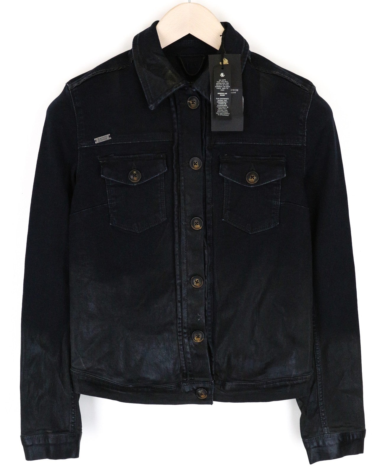 MAISON SCOTCH Women's XS Black Stretch Denim Jacket Irregular Coated Look