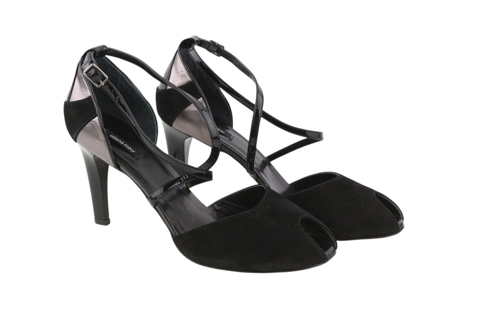 ELENA MIRO Women Heels EU40 Black Suede Leather Open Toe Strappy Shiny Heeled