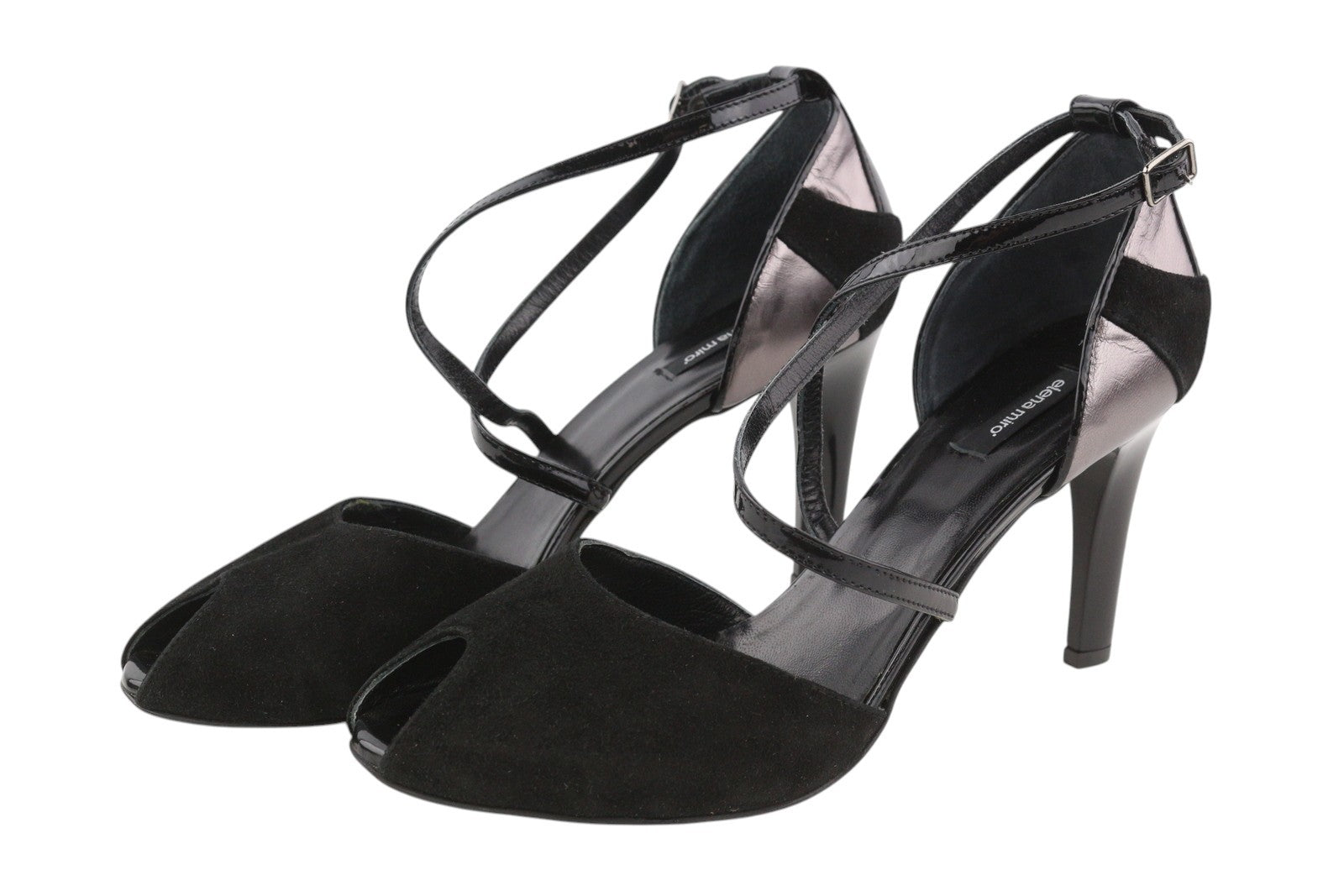 ELENA MIRO Women Heels EU40 Black Suede Leather Open Toe Strappy Shiny Heeled