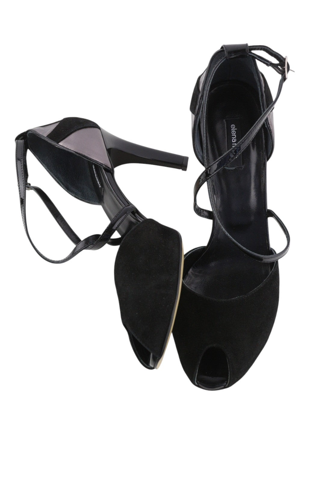 ELENA MIRO Women Heels EU40 Black Suede Leather Open Toe Strappy Shiny Heeled