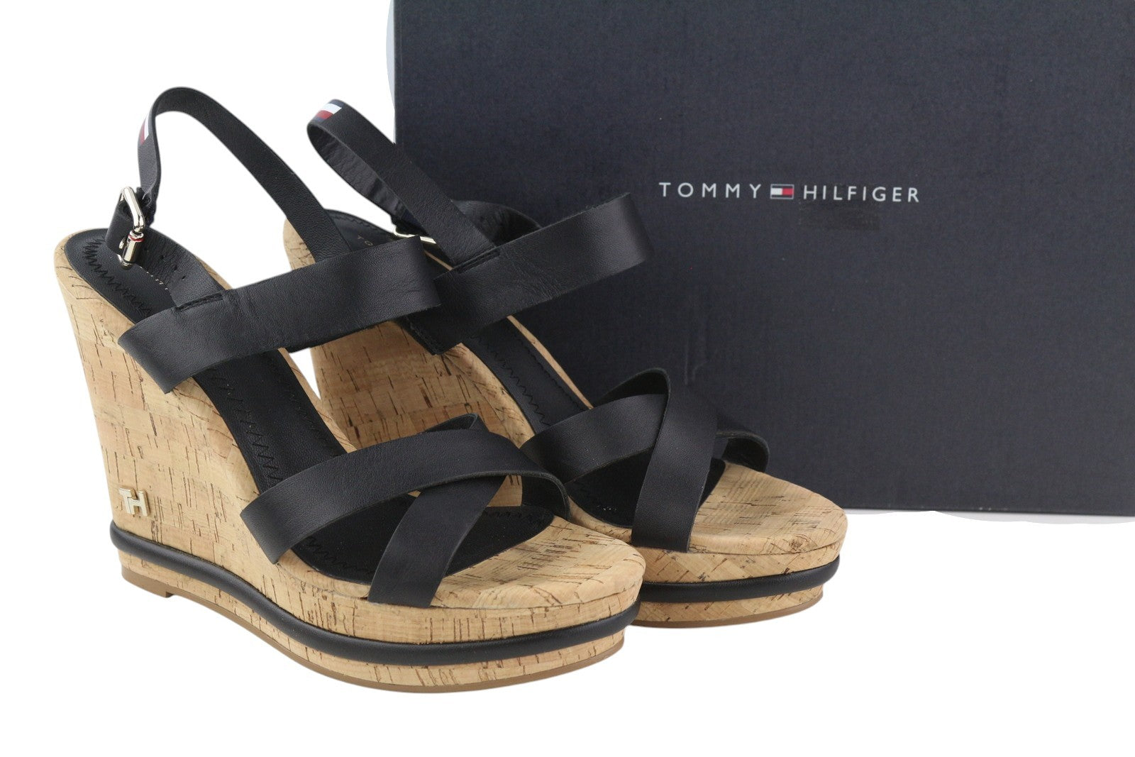 TOMMY HILFIGER Corporate Women Sandals EU40 Black Leather Wedge Strappy Open Toe