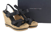 TOMMY HILFIGER Corporate Women Sandals EU40 Black Leather Wedge Strappy Open Toe