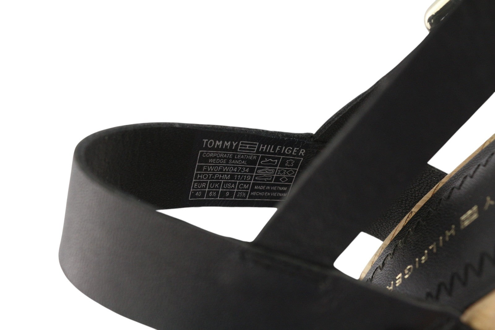 TOMMY HILFIGER Corporate Women Sandals EU40 Black Leather Wedge Strappy Open Toe