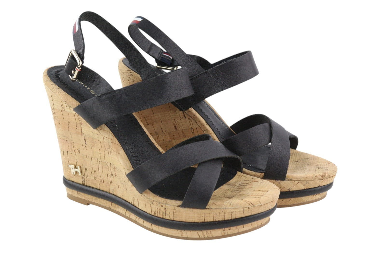 TOMMY HILFIGER Corporate Women Sandals EU40 Black Leather Wedge Strappy Open Toe