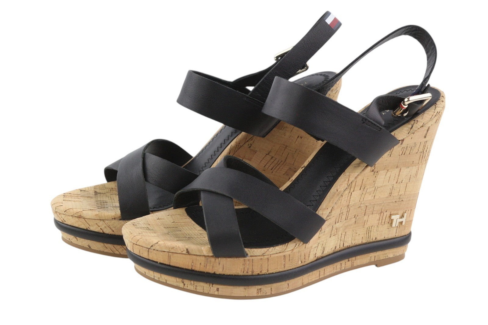 TOMMY HILFIGER Corporate Women Sandals EU40 Black Leather Wedge Strappy Open Toe