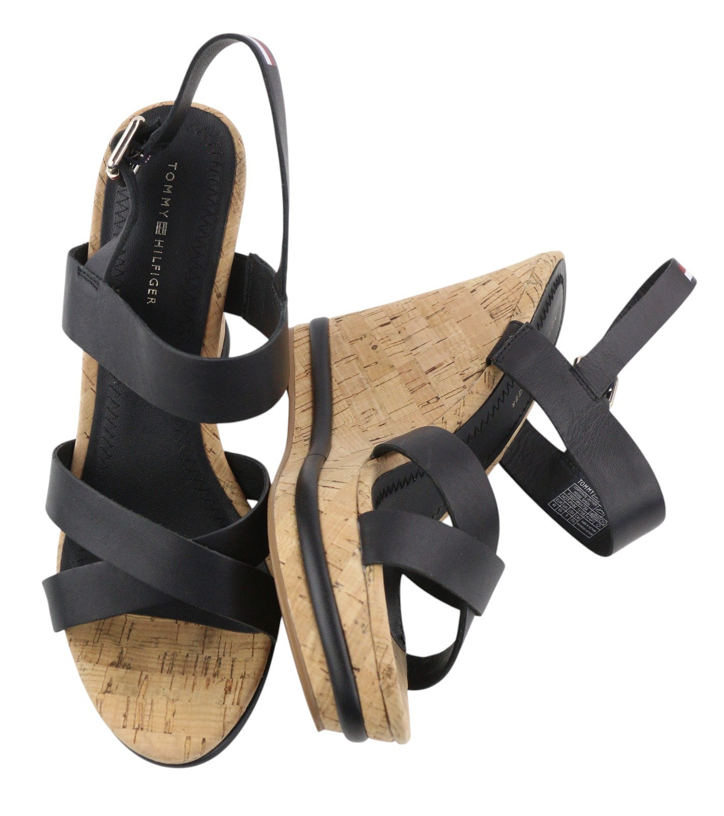 TOMMY HILFIGER Corporate Women Sandals EU40 Black Leather Wedge Strappy Open Toe