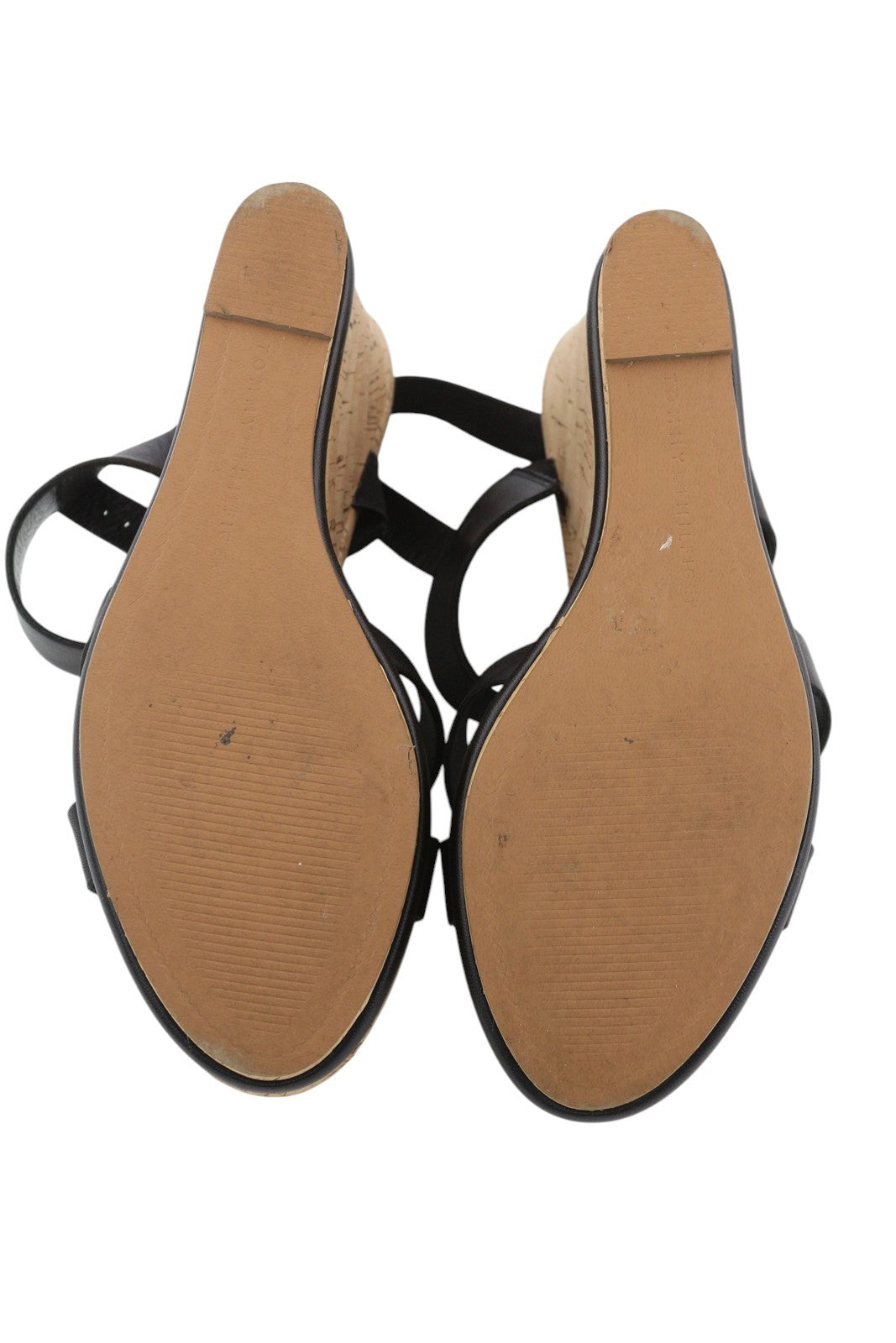 TOMMY HILFIGER Corporate Women Sandals EU40 Black Leather Wedge Strappy Open Toe