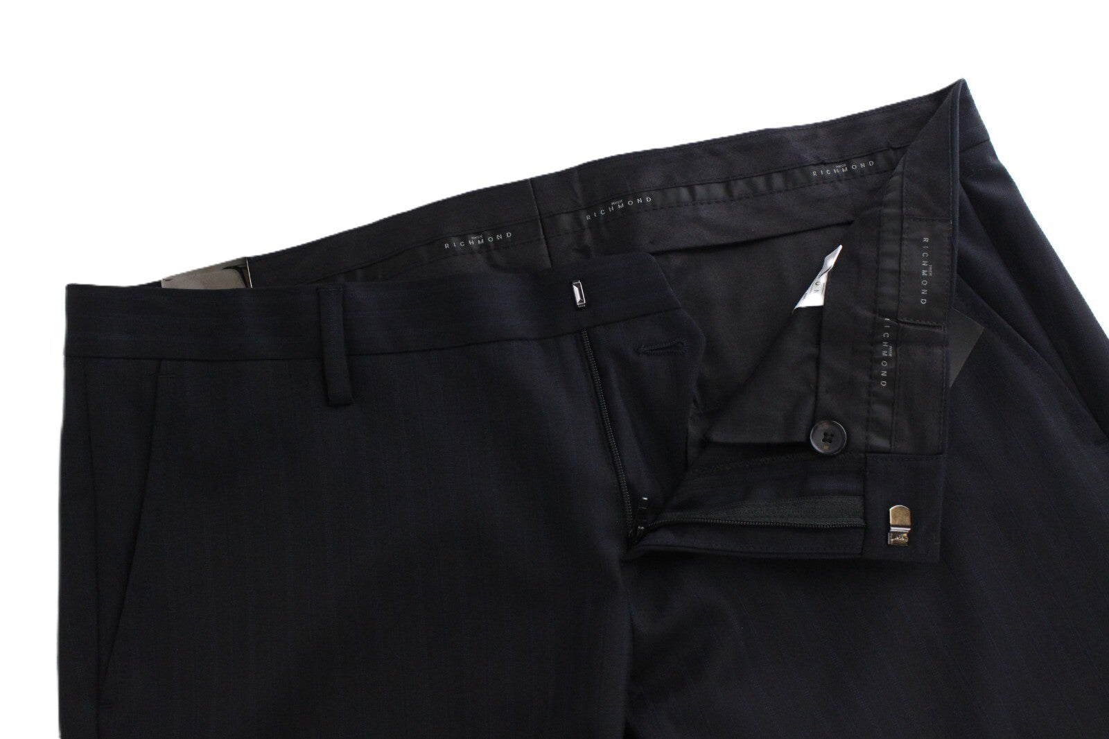 JOHN RICHMOND Men's Navy Wool Striped Pleated Trousers UK16 Smart Tailored