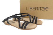 LIBERITAE Women Sandals EU38 Black Leather Buckle Closure Open Toe Logo Casual