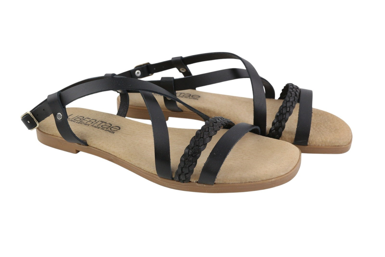 LIBERITAE Women Sandals EU38 Black Leather Buckle Closure Open Toe Logo Casual