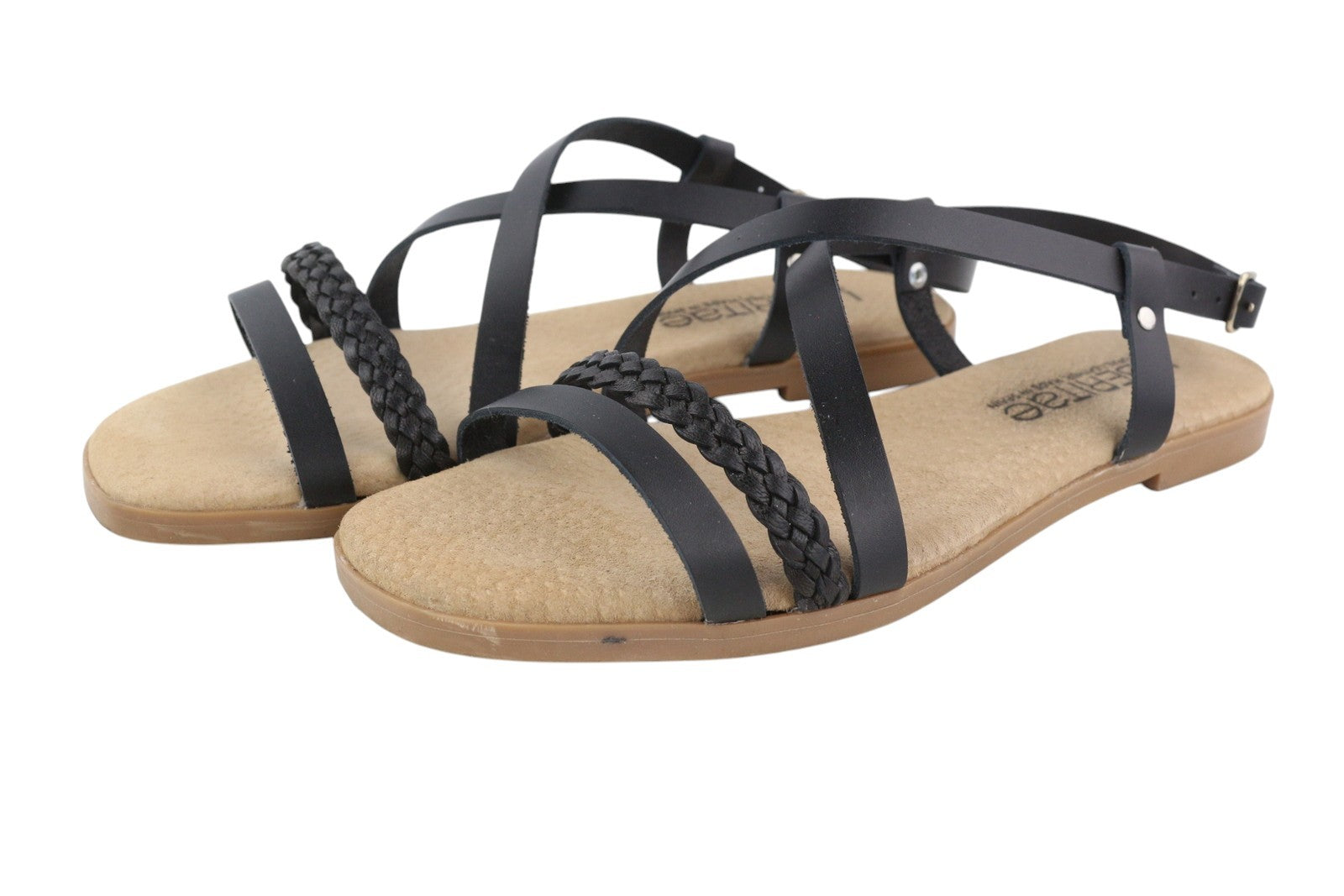 LIBERITAE Women Sandals EU38 Black Leather Buckle Closure Open Toe Logo Casual