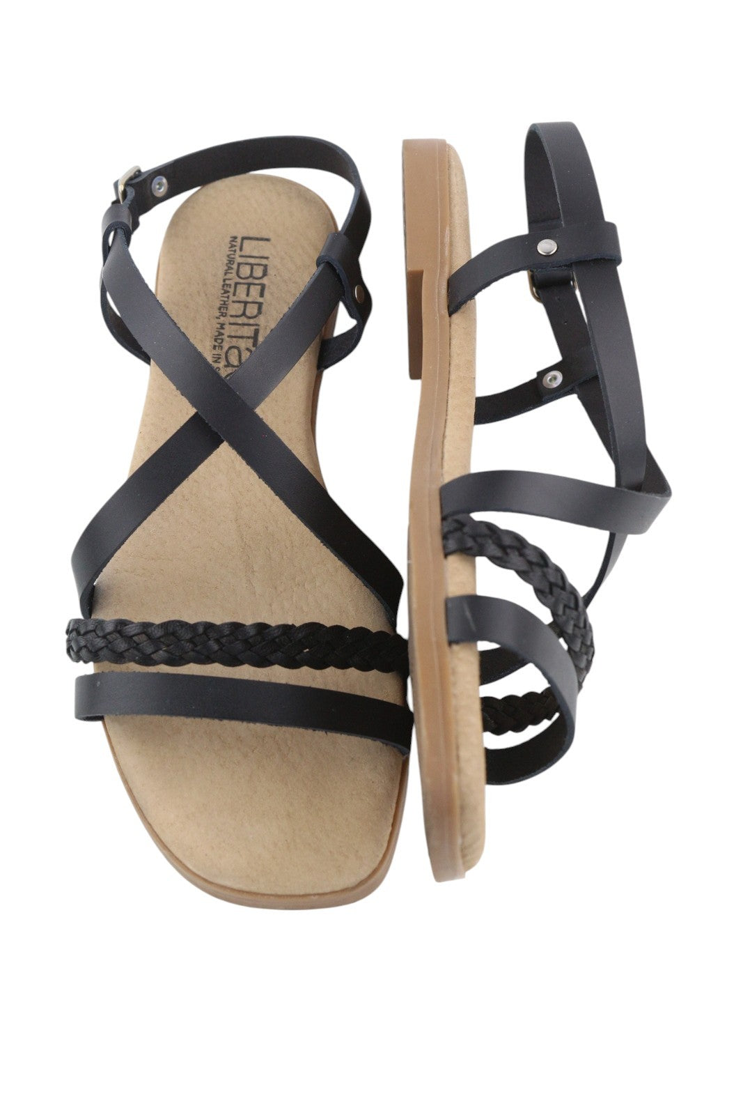 LIBERITAE Women Sandals EU38 Black Leather Buckle Closure Open Toe Logo Casual