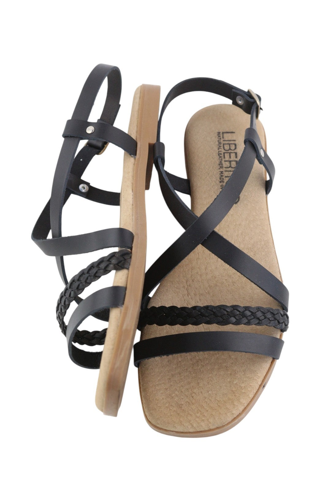 LIBERITAE Women Sandals EU38 Black Leather Buckle Closure Open Toe Logo Casual