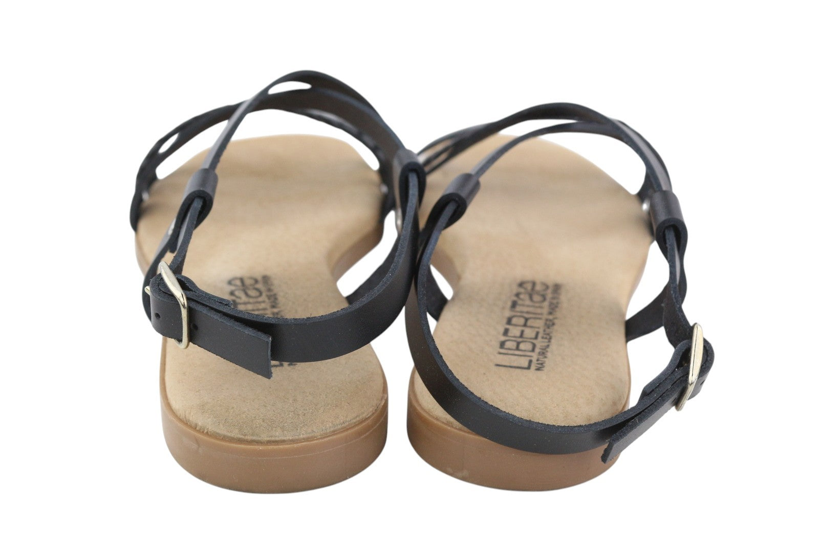 LIBERITAE Women Sandals EU38 Black Leather Buckle Closure Open Toe Logo Casual