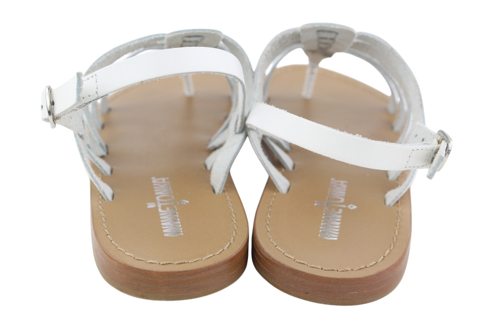 MINNETONKA Women Sandals EU38 White Leather Gladiator Flats Open Buckle Closure