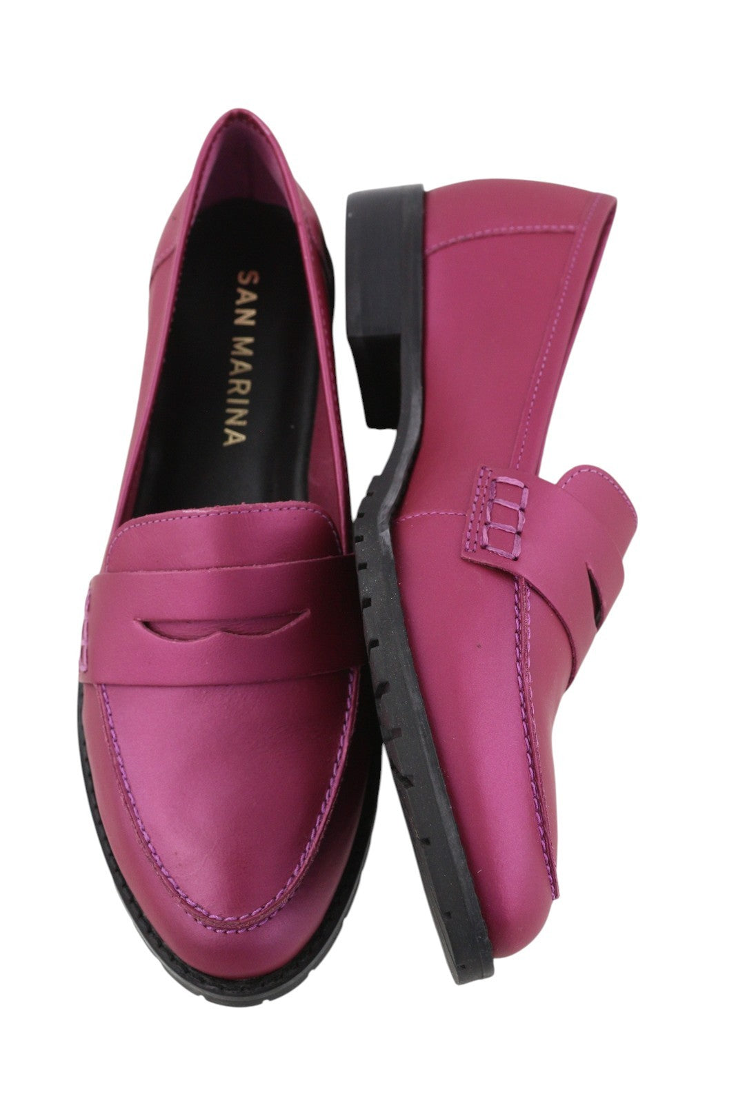 SAN MARINA Women Shoes EU37 Purple Leather Almond Toe Slips On Logo Loafers