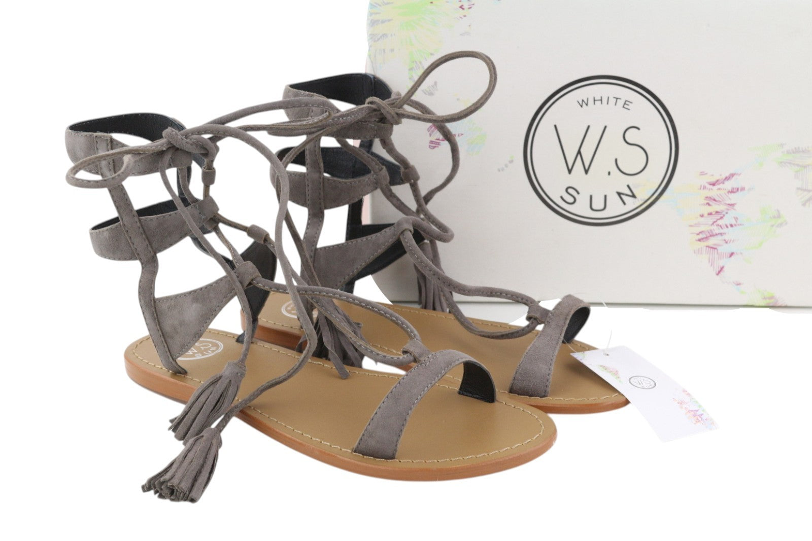 WHITE SUN Women Sandals EU38 Grey Suede Leather Gladiator Flats Fringe Details