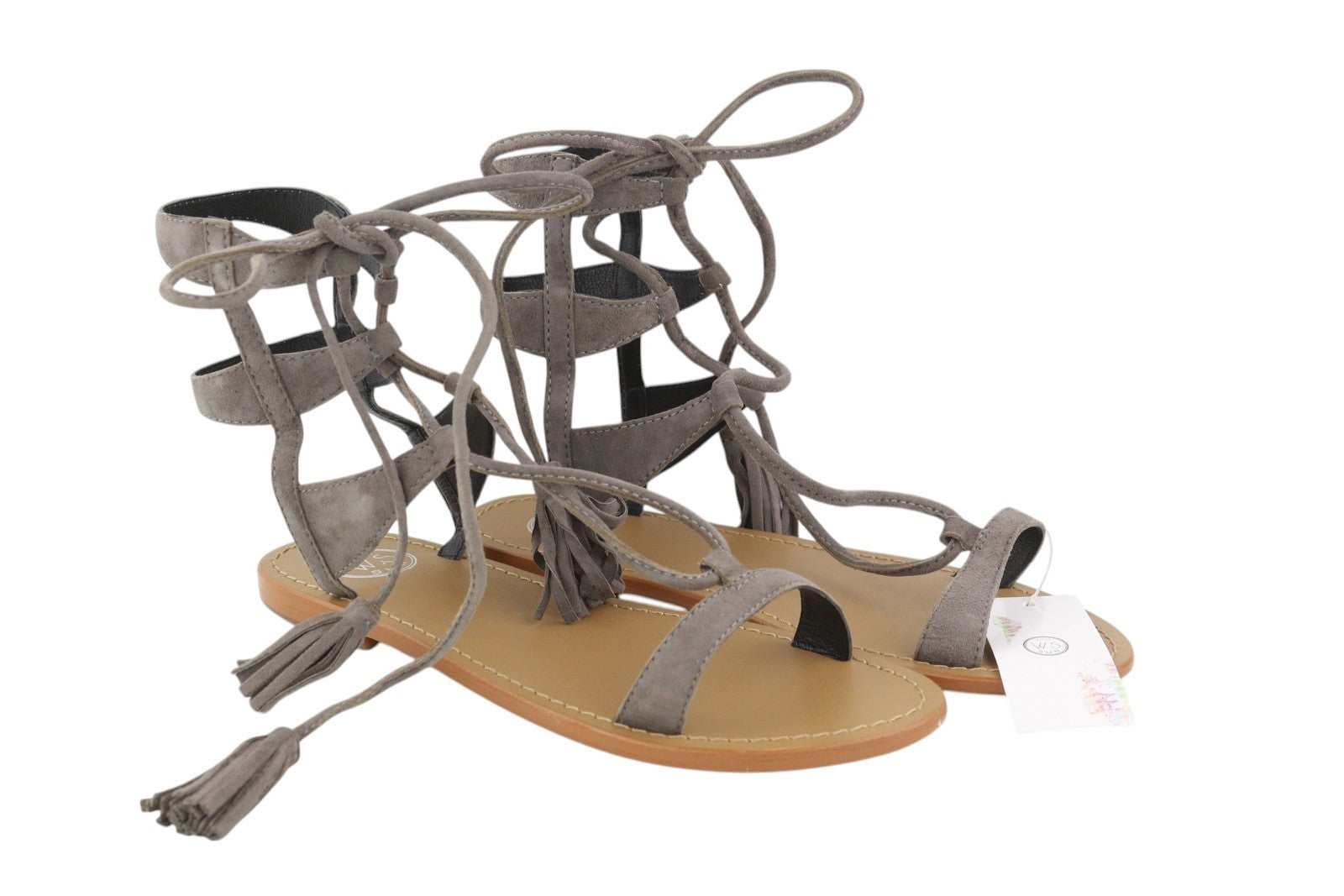 WHITE SUN Women Sandals EU38 Grey Suede Leather Gladiator Flats Fringe Details