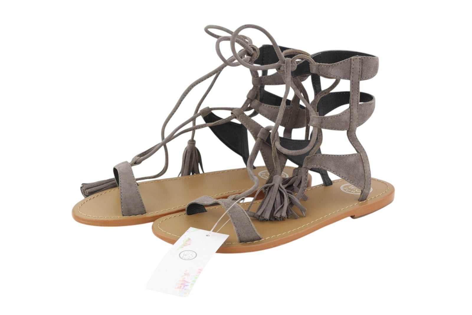 WHITE SUN Women Sandals EU38 Grey Suede Leather Gladiator Flats Fringe Details