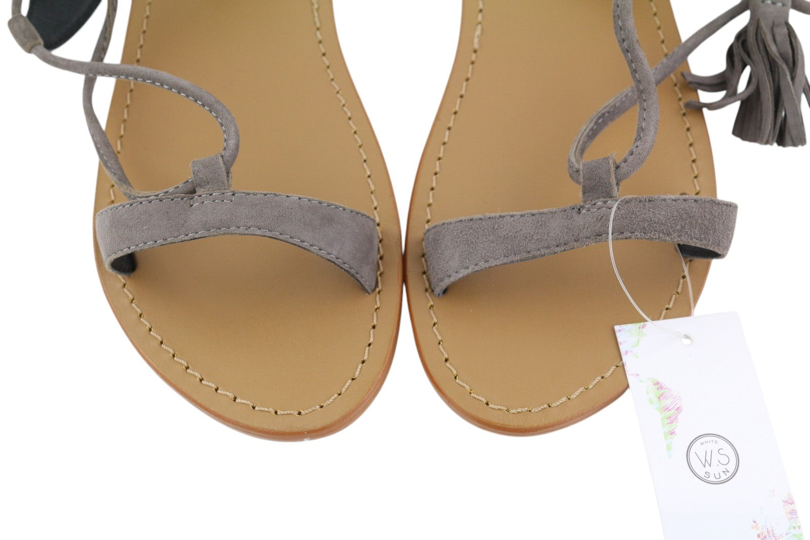 WHITE SUN Women Sandals EU38 Grey Suede Leather Gladiator Flats Fringe Details