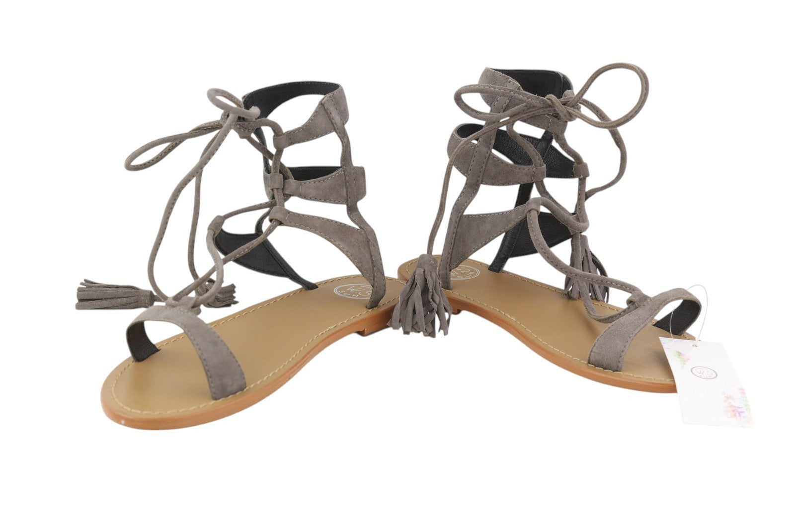 WHITE SUN Women Sandals EU38 Grey Suede Leather Gladiator Flats Fringe Details