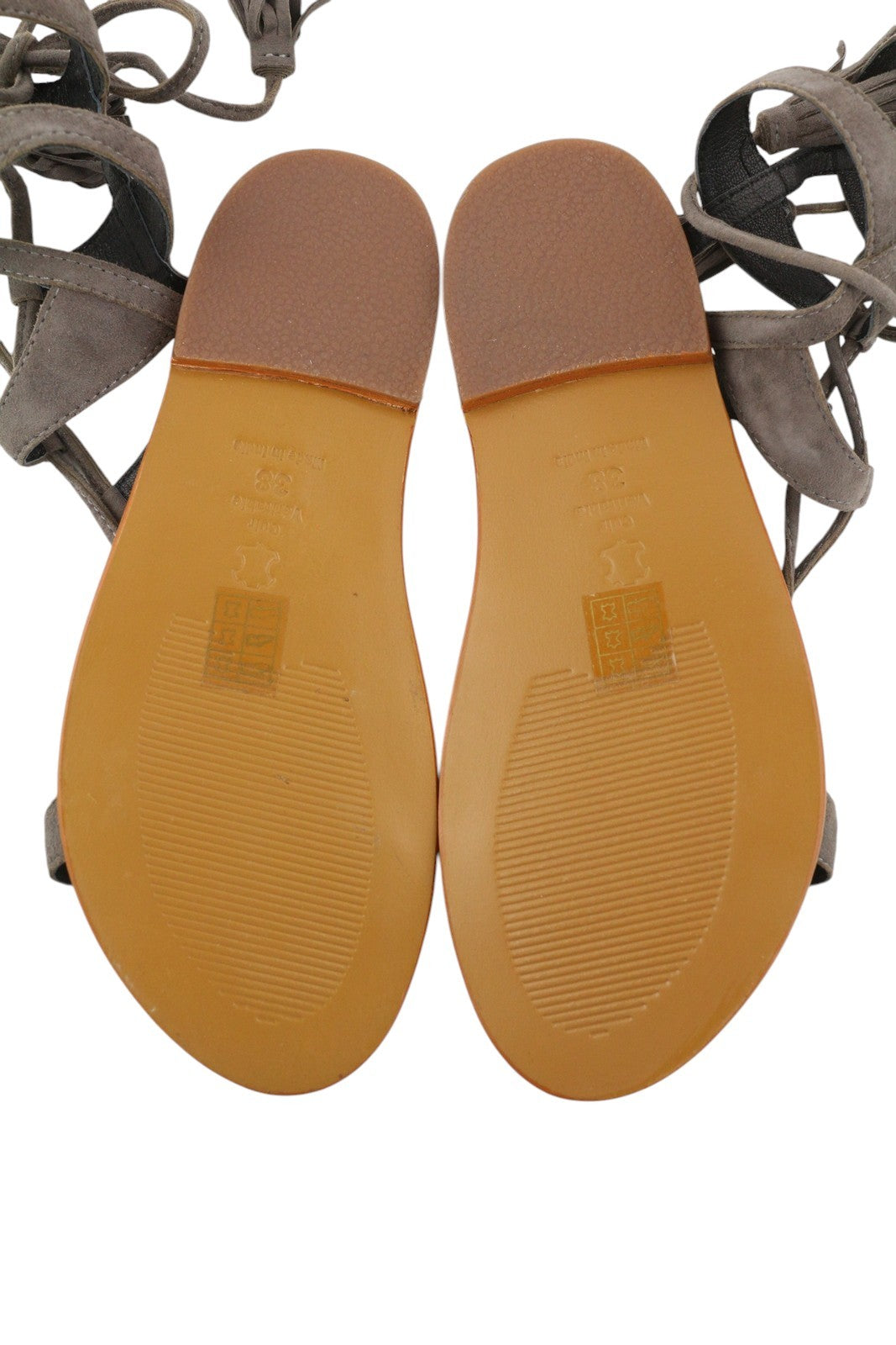 WHITE SUN Women Sandals EU38 Grey Suede Leather Gladiator Flats Fringe Details