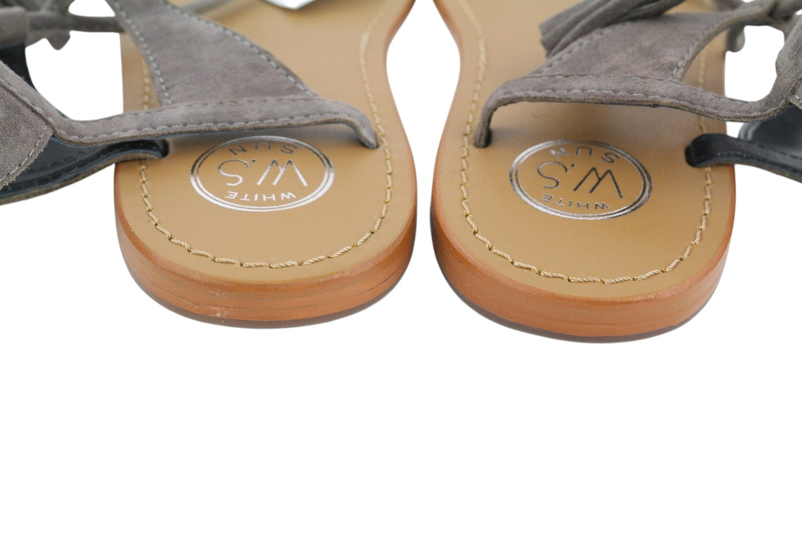 WHITE SUN Women Sandals EU38 Grey Suede Leather Gladiator Flats Fringe Details