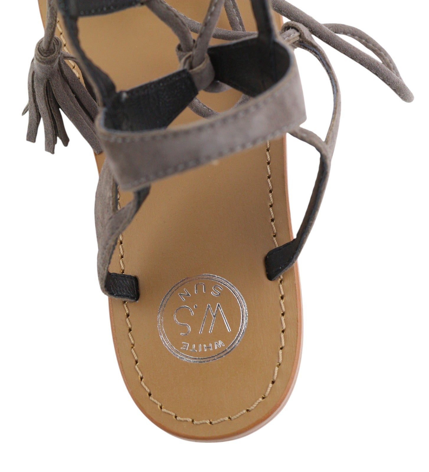 WHITE SUN Women Sandals EU38 Grey Suede Leather Gladiator Flats Fringe Details