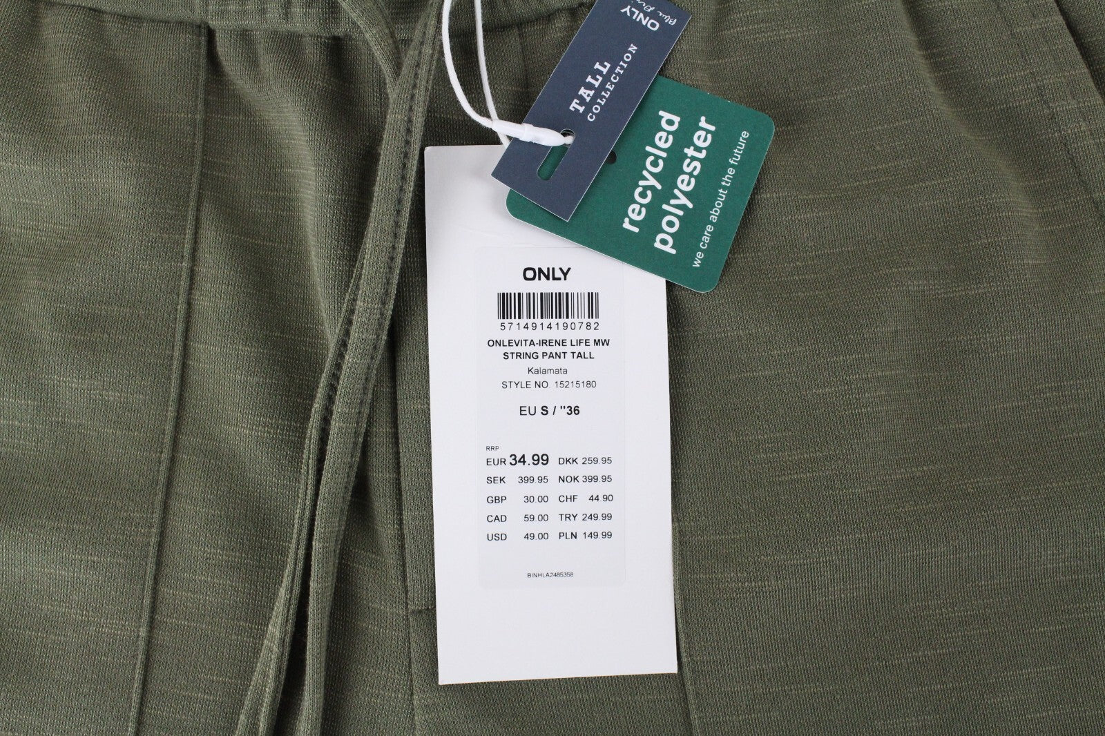 ONLY Womens Trousers S Green Polyester Recycled Tall Sweatpants