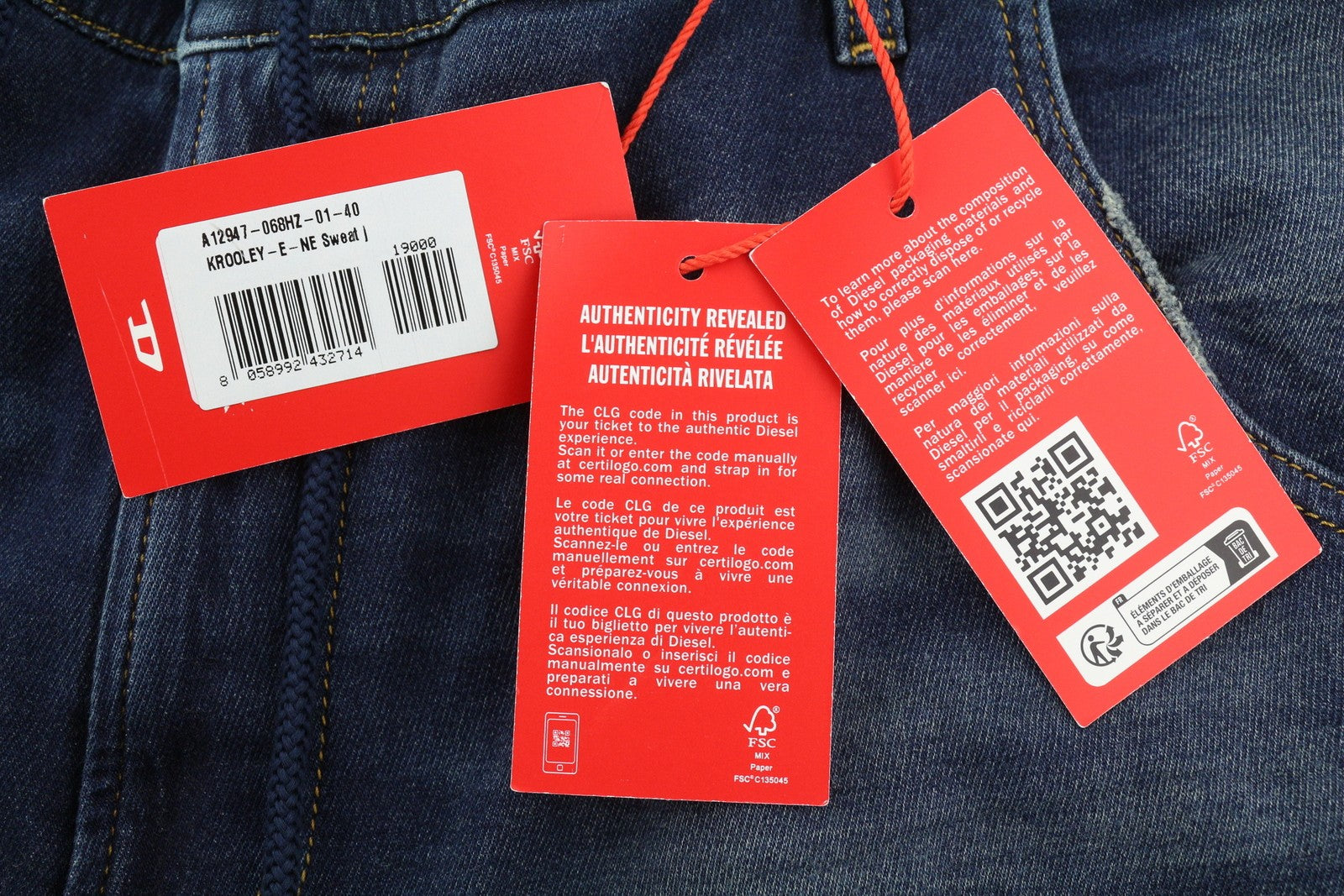 DIESEL Krooley-E-Ne 068HZ Men Jeans W40 Jogg Drawstring Waist Washed Blue Denim