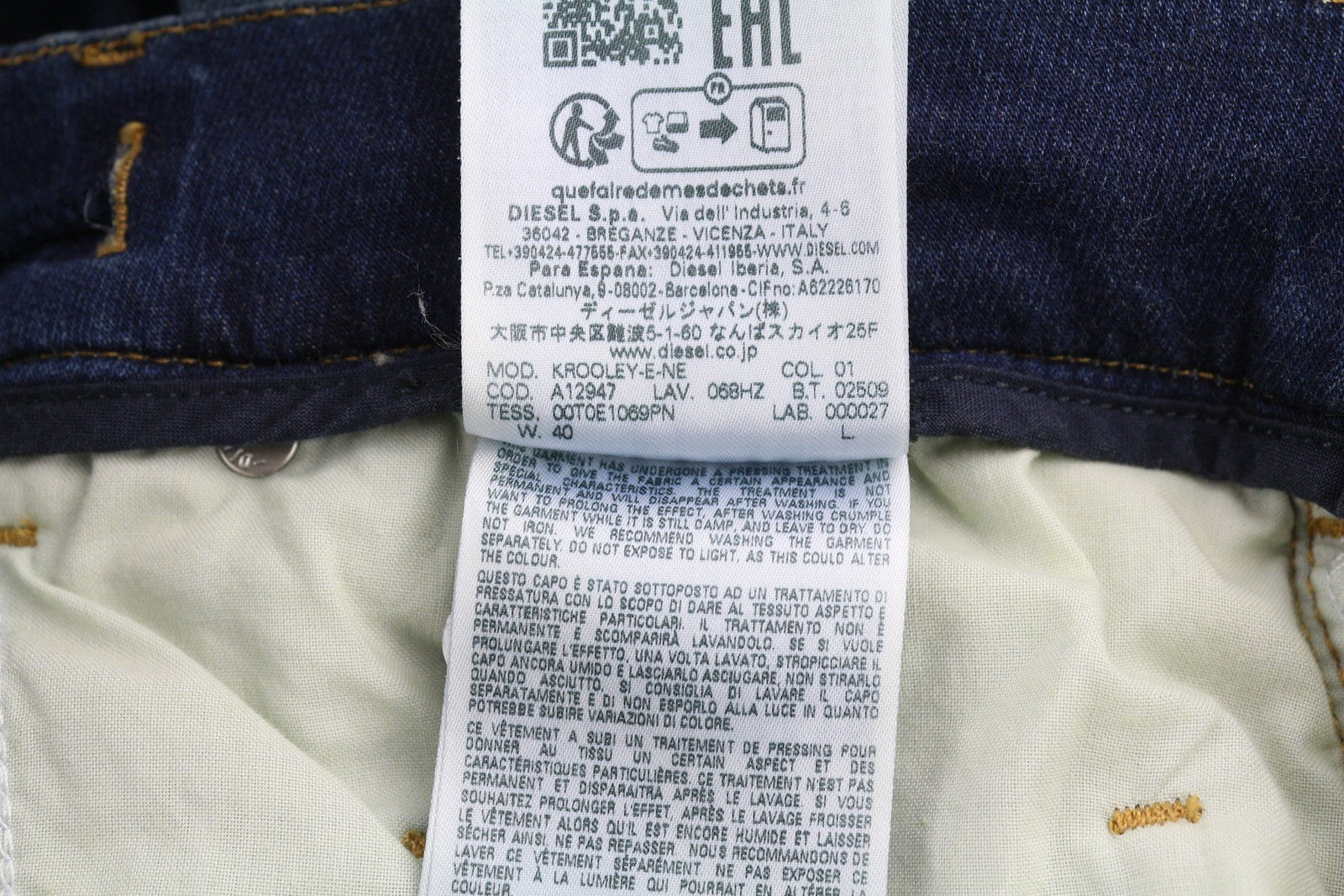 DIESEL Krooley-E-Ne 068HZ Men Jeans W40 Jogg Drawstring Waist Washed Blue Denim