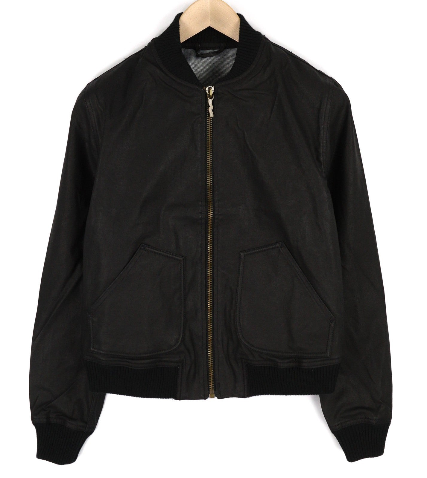 NUDIE Severin Short Rib Men Jacket S Black Coated Bomber Full Zip Unlined Logo