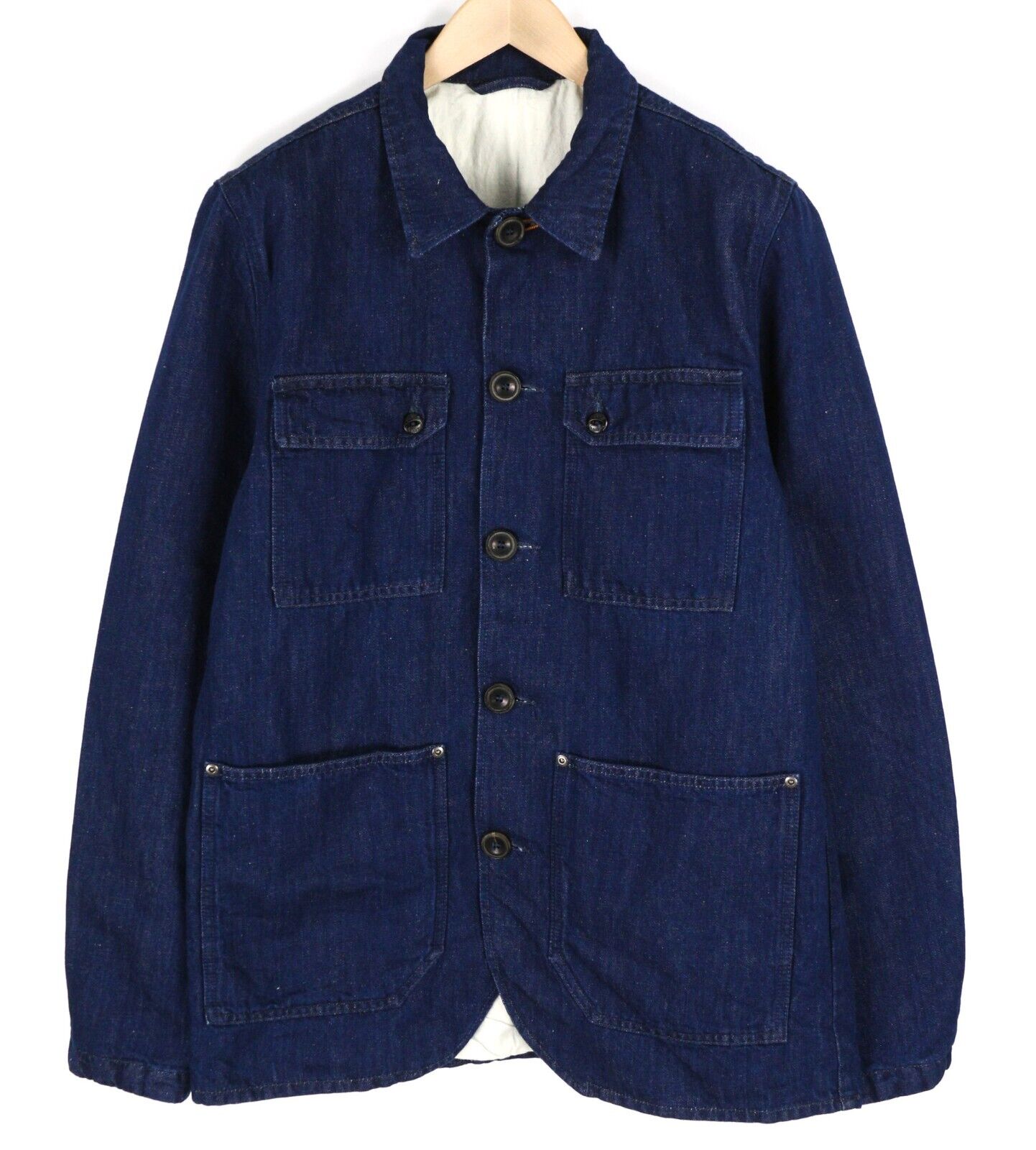 NUDIE Ricco Dark Hemp Men Jacket XL Blue Denim Buttoned Neck Lined Pockets