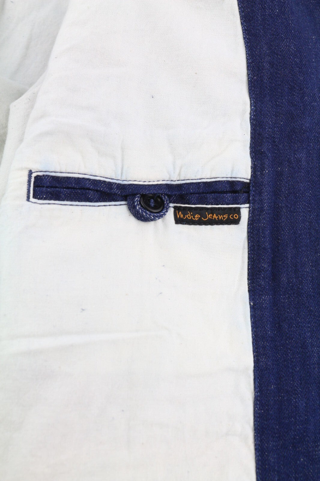 NUDIE Ricco Dark Hemp Men Jacket XL Blue Denim Buttoned Neck Lined Pockets