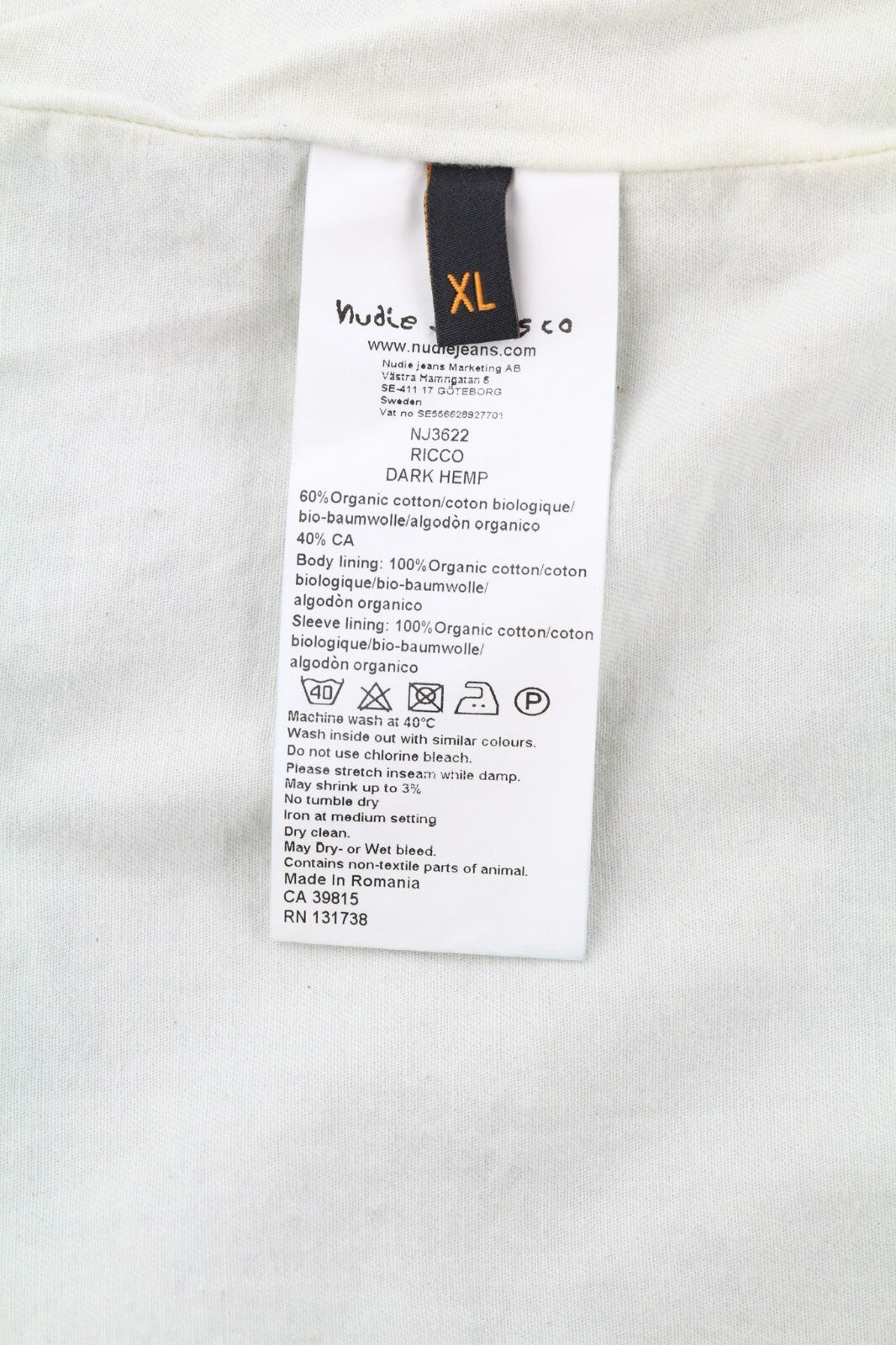 NUDIE Ricco Dark Hemp Men Jacket XL Blue Denim Buttoned Neck Lined Pockets