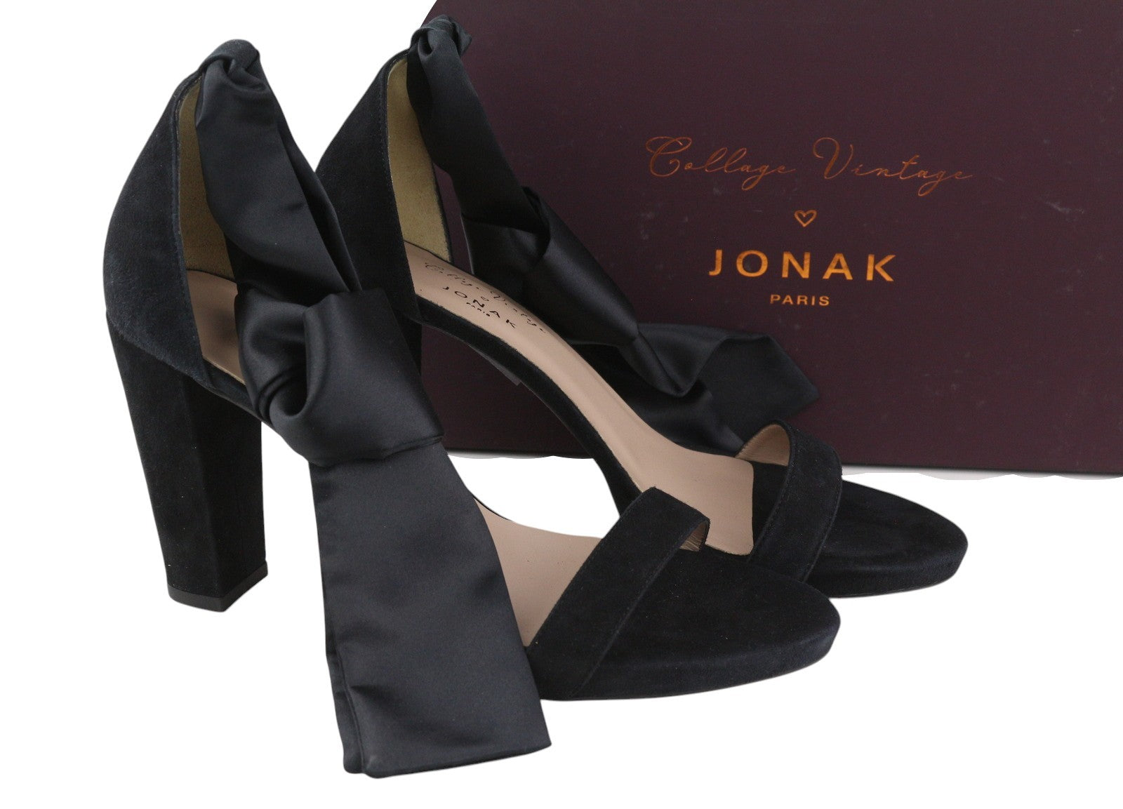JONAK Women Heels EU40 Black Velour Suede Leather Block Heel Open-Toe Sandals